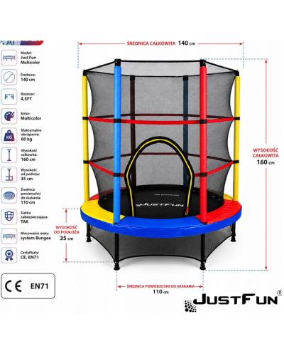 Батут, для детей, развлекательный, стильный, удобный, Just Fun 140см  Multicolor