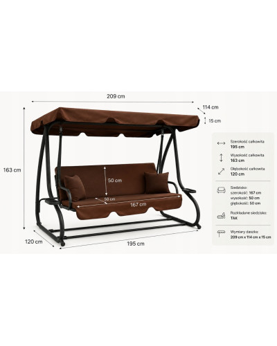 Качели садовые, для двора, для отдыха, с навесом, на 3 места JUST GARDEN Relax Comfort Коричневая
