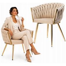 Стул JS IMPERIA velvet Бежевый, плетеное, золотые ножки, бархатное, для кухни, гостиной.