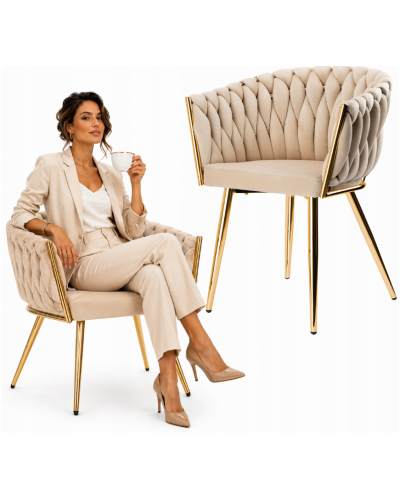 Стул JS IMPERIA velvet Бежевый, плетеное, золотые ножки, бархатное, для кухни, гостиной.