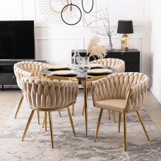 Стул JS IMPERIA velvet Бежевый, плетеное, золотые ножки, бархатное, для кухни, гостиной.